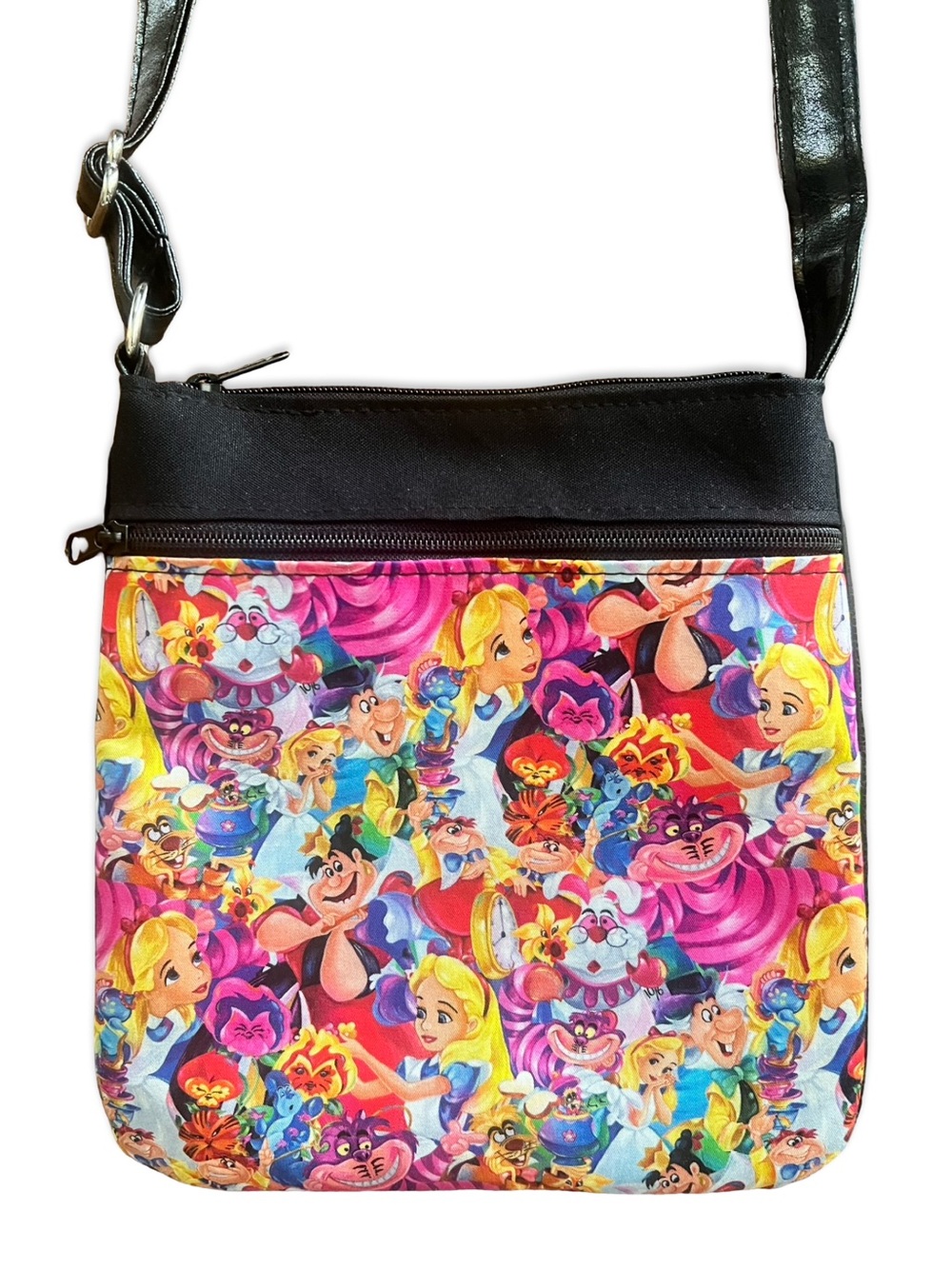 Alice in Wonderland Theme Colorful Crossbody Bag with Black Patent Leather Strap